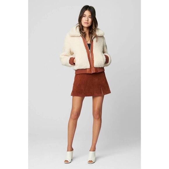 BLANKNYC Womens Medium Faux Sherpa Jacket Vegan Leather Trim Cropped Midweight - Picture 3 of 11